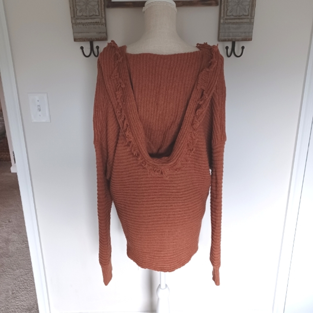 BiBi Rust Orange V-Neck Fringe Knit Sweater - Picture 5 of 9